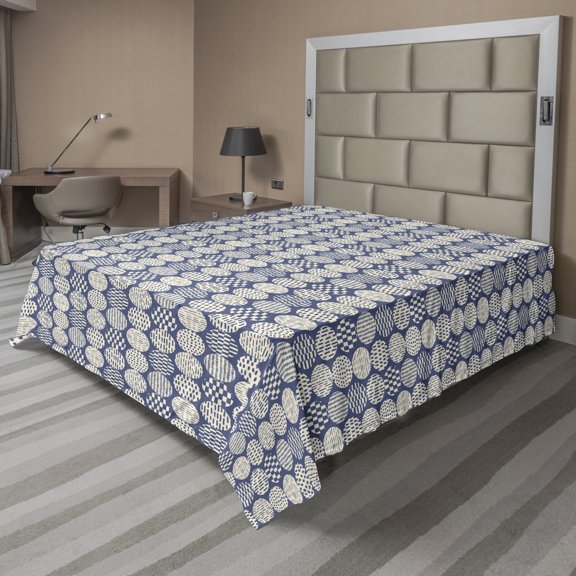 Abstract Flat Sheet, Retro Style Circles with Various Hand Drawn Stripes Dashes or Rectangles, Soft Comfortable Top Sheet Decorative Bedding 1 Piece, 6 Sizes, Purpleblue Eggshell, by Ambesonne