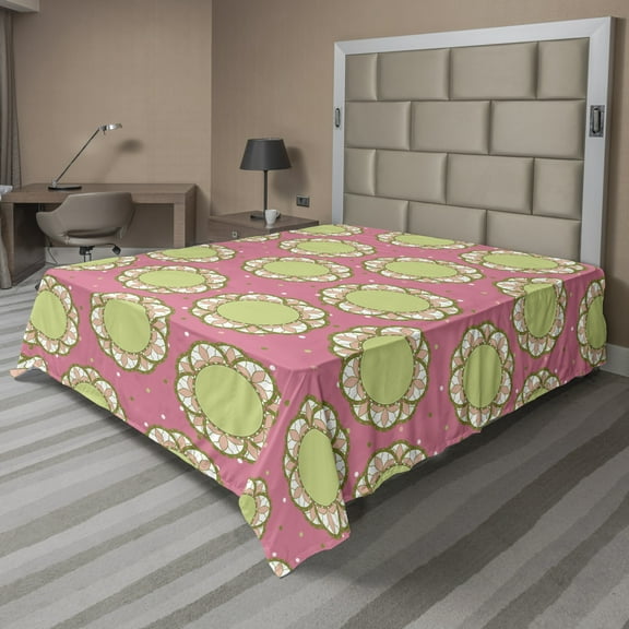Abstract Flat Sheet, Rhythmic Circular Floral Motifs Pastel Tones Dots Illustration, Soft Comfortable Top Sheet Decorative Bedding 1 Piece, 6 Sizes, Pink Avocado Green, by Ambesonne