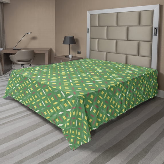 Abstract Flat Sheet, Rhythmic Geometrical Motifs of Circles and Squares Illustration Print, Soft Comfortable Top Sheet Decorative Bedding 1 Piece, 6 Sizes, Fern Green and Mustard, by Ambesonne