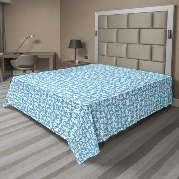 Ambesonne Abstract Flat Sheet, Simplistic Floral Inspired, King Size, Deep Sky Blue and White