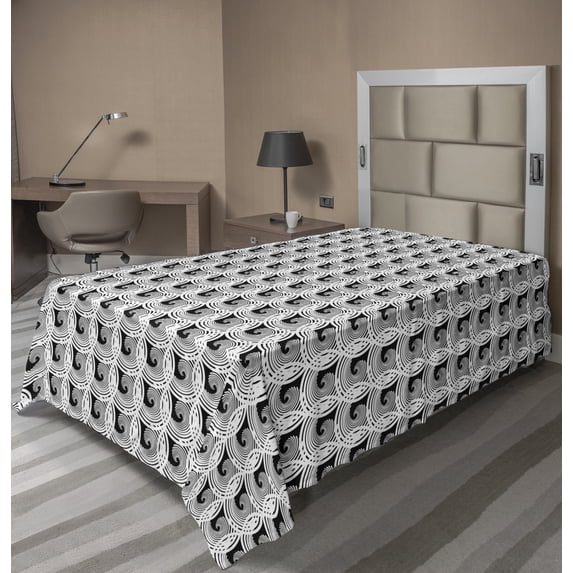 Abstract Flat Sheet, Sketch of Spiral Motifs Monochrome Tones Optical Illusion Inspiration, Soft Comfortable Top Sheet Decorative Bedding 1 Piece, 6 Sizes, White and Charcoal Grey, by Ambesonne