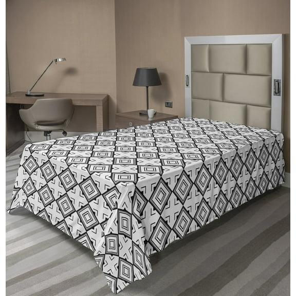 Abstract Flat Sheet, Squares and Bold Streaks Pattern in a Monochromatic Design, Soft Comfortable Top Sheet Decorative Bedding 1 Piece, 6 Sizes, Charcoal Grey and White, by Ambesonne