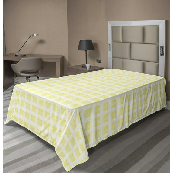 Abstract Flat Sheet, Squares in Pastel Tones Simple Look Rhythmic Motifs Illustration, Soft Comfortable Top Sheet Decorative Bedding 1 Piece, 6 Sizes, Yellow White, by Ambesonne