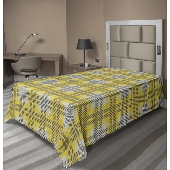 Abstract Flat Sheet, Stripped Pattern Crossed Horizontal and Vertical Lines Art Graphic Print, Soft Comfortable Top Sheet Decorative Bedding 1 Piece, 6 Sizes, Mustard Purpleblue, by Ambesonne