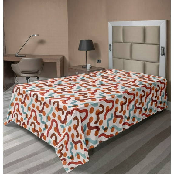 Ambesonne Abstract Flat Bedding Sheet Soft Top Sheet, Wavy Stripes Circles Motif, Twin, Cinnamon Pearl and Blue