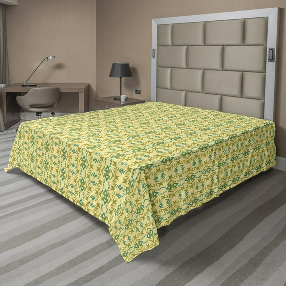 Abstract Flat Sheet, Whimsical Geometric Shapes in Lively Tones Aztec Inspired, Soft Comfortable Top Sheet Decorative Bedding 1 Piece, 6 Sizes, Pastel Yellow Teal, by Ambesonne