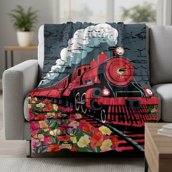 Abstract Fleece Throw Blanket Red Trains Flower Tunnels Distressed Texture Modern Ultra Soft Fuzzy Cozy Flannel Throw Blanket for Couch Sofa Bed Car Travel, Ideal Gifts 30x40 Inches