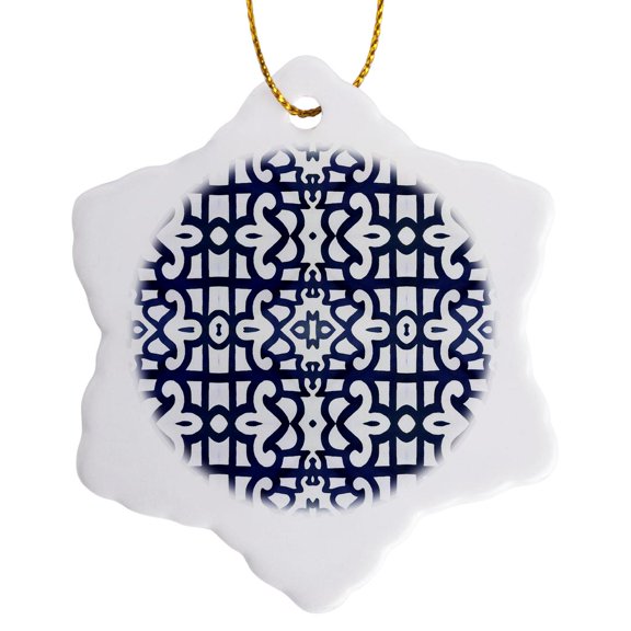 3drose, Abstract Fleur De Lis in Blue, 3 inch Snowflake Porcelain Ornament