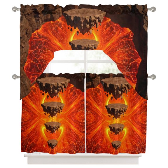 Abstract Floating Rocks Kitchen Curtains Swag Valance and Tier Curtains Set 24 Inch Length, Red Lava Modern Minimalist Artistic Rod Pocket Drape Panels Pair Swag Curtains for Bathroom/Cafe/Window