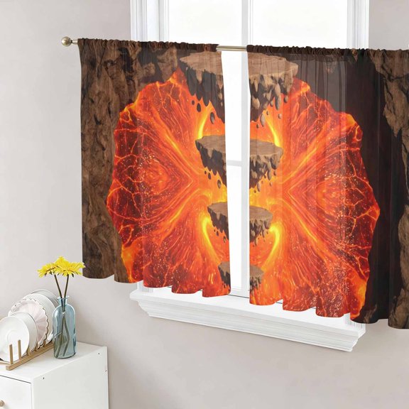 Abstract Floating Rocks Sheer Curtains 45 Inch Length 2 Panels Set, Red Lava Modern Minimalist Artistic Voile Window Treatment Rod Pocket Small Kitchen Curtains Drapes for Bedroom 52"x45"x2