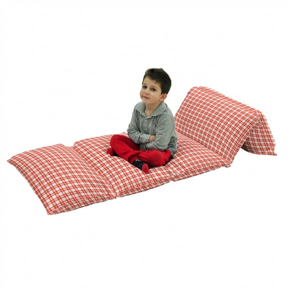 Abstract Floor Pillow Lounger Cover, Checkered Scottish Pattern Textured Geometric Square Formed Color Lines Art, Nap Mat Printed Fabric Case for 5 Pillows, 88" x 27", Red White, by Ambesonne