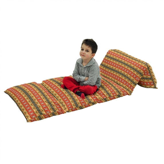 Abstract Floor Pillow Lounger Cover, Tribal Pattern Aztec Motifs with Zigzags Geometric Design Pattern, Nap Mat Printed Fabric Case for 5 Pillows, 88" x 27", Fern Green Orange, by Ambesonne
