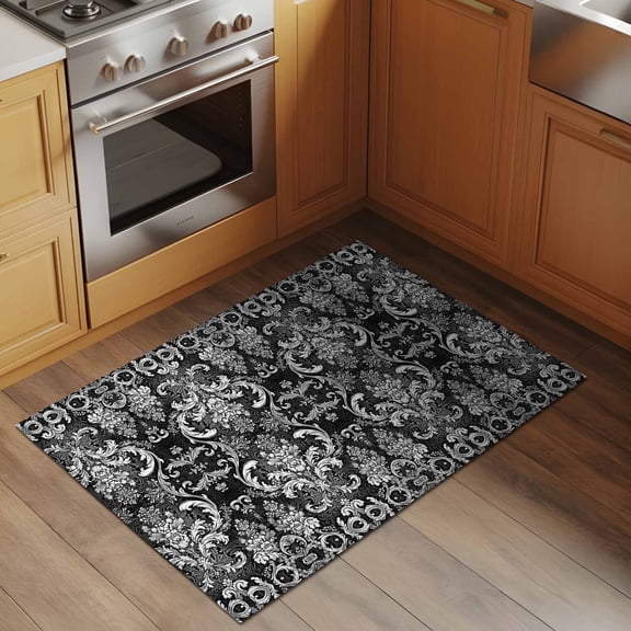 Abstract Floral 2x3 Rug for Entryway Front Door Kitchen Sink Area, Damask Retro Gradient Black White Texture Low Pile Washable Non Slip Rectangle Area Rug