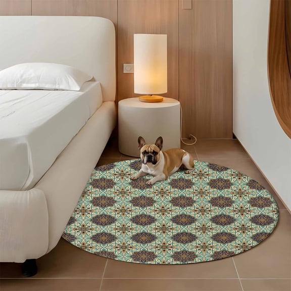 Abstract Floral 3ft Round Rug for Bathroom Accent Bedside Corner, Vintage Turquoise Moroccan Geometric Art Washable Non Slip Circle Area Rug for Small Spaces