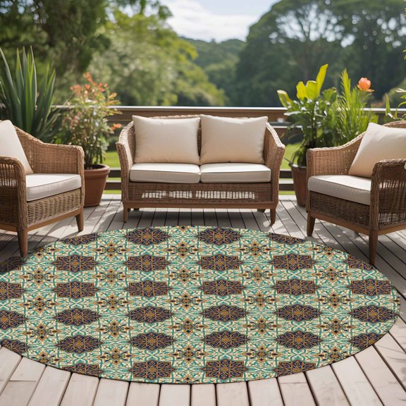 Abstract Floral 8ft Round Rug for Open Concept Living Room Seating Zone, Vintage Turquoise Moroccan Geometric Art Washable Non Slip Large Circle Area Rug