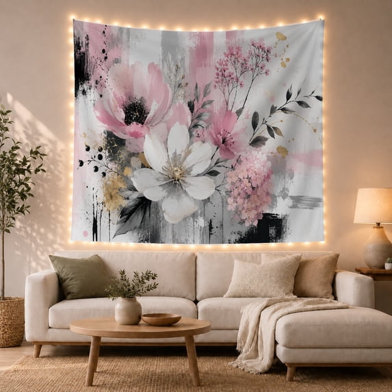 Abstract Floral Arrangement Against Dynamic Painterly Strokes, Energetic Abstract for Art Lovers, Modern Botanical Wall Decor, Housewarming Gift, Tapestry Wall Hanging for Bedroom and Living Room