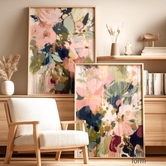 Abstract Floral Art Prints Blush Pink & Green Botanical Wall Art Set 2
