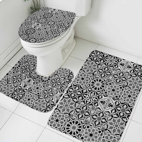 Abstract Floral Bathroom Rugs Set Retro Gray Black Geometric Texture Ornate Vintage Non Slip Absorbent Soft Bath Mats 3 Piece Set with Bathroom Rug, U-Shaped Floor Mat, Toilet Seat Cover Small Size