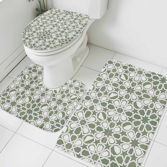 Abstract Floral Bathroom Rugs Set Retro Green Geometric Texture Ornate Vintage Non Slip Absorbent Soft Bath Mats 3 Piece Set with Bathroom Rug, U-Shaped Floor Mat, Toilet Seat Cover Small Size