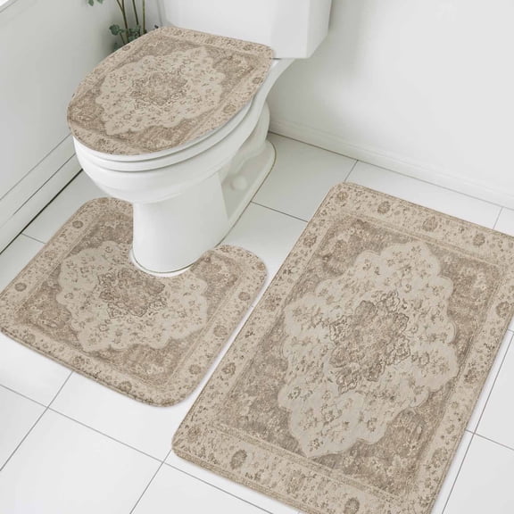 Abstract Floral Bathroom Rugs Set Vintage Traditional Beige Brown Vine Textured Non Slip Absorbent Soft Bath Mats 3 Piece Set with Bathroom Rug, U-Shaped Floor Mat, Toilet Seat Cover Large Size