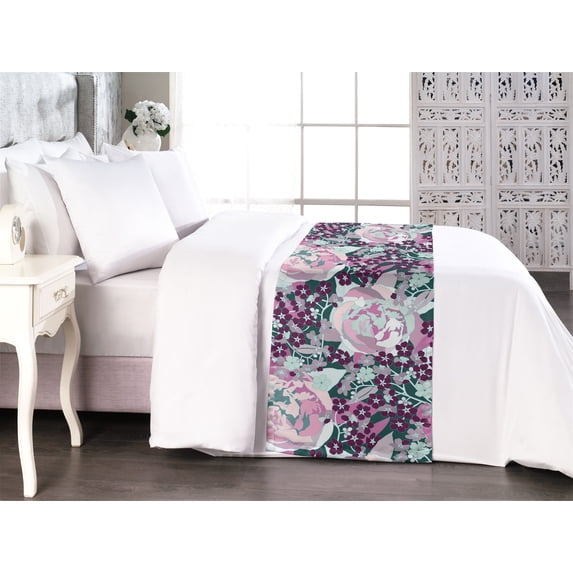 Abstract Floral Bed Runner, Fantasy Themed Flowers Boho Scene with Pastel Colors Print, Decorative Accent Bedding Scarf for Hotels Homes & Guest Rooms, Queen, Dark Fuchsia and Pale Pink, by Ambesonne