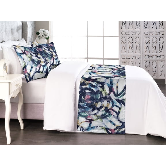 Abstract Floral Bed Runner Set, Blooming Fun Colorful Flowers with Grunge Scribble Look Petals, Decorative Bedding Scarf & 2 Pillow Shams for Hotels Homes, Queen, Indigo and Multicolor, by Ambesonne