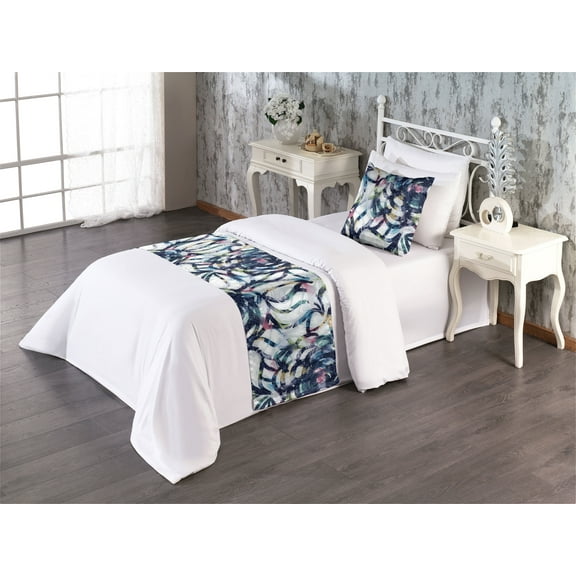 Abstract Floral Bed Runner Set, Blooming Fun Colorful Flowers with Grunge Scribble Look Petals, Decorative Bedding Scarf & a Pillow Sham for Hotels Homes, Twin, Indigo and Multicolor, by Ambesonne