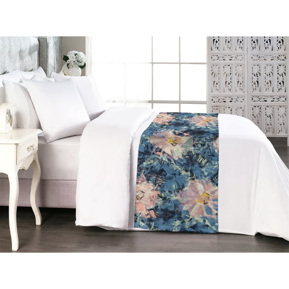 Abstract Floral Bed Runner, Spring Time Themed Flowers with Bold Brushstrokes Watercolor Art, Decorative Accent Bedding Scarf for Hotels Homes & Guest Rooms, Queen, Slate Blue and Blush, by Ambesonne