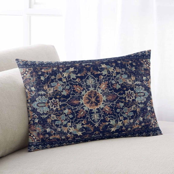 Abstract Floral Boho Throw Pillow Cover, Ethnic Tribe Azk Blue Rectangle Decorative Pillow Case Protector Soft Cushion Cover Lumbar Pillowcase for Couch Sofa Bedroom Car Chair Decor 12x20 Inch