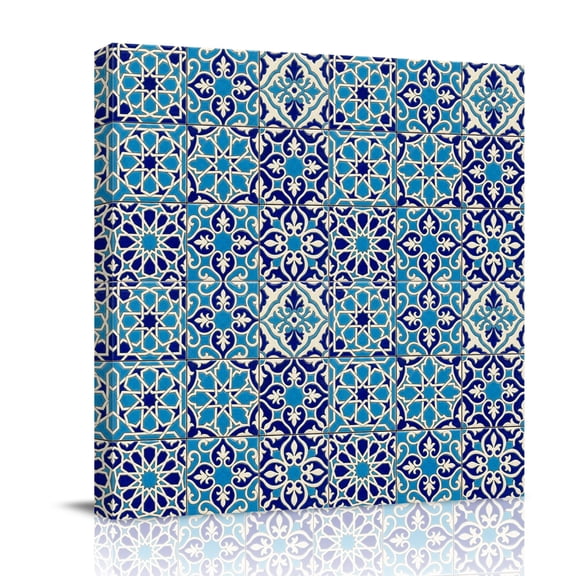 Abstract Floral Canvas Wall Art for Living Room, Retro Navy Blue Geometric Texture Ornate Vintage Wall Decor Framed Artwork Pictures Ready to Hang for Bedroom Office Home Decor