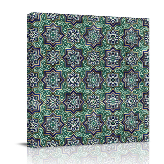 Abstract Floral Canvas Wall Art for Living Room, Vintage Turquoise Moroccan Geometric Art Retro Wall Decor Framed Artwork Pictures Ready to Hang for Bedroom Office Home Decor
