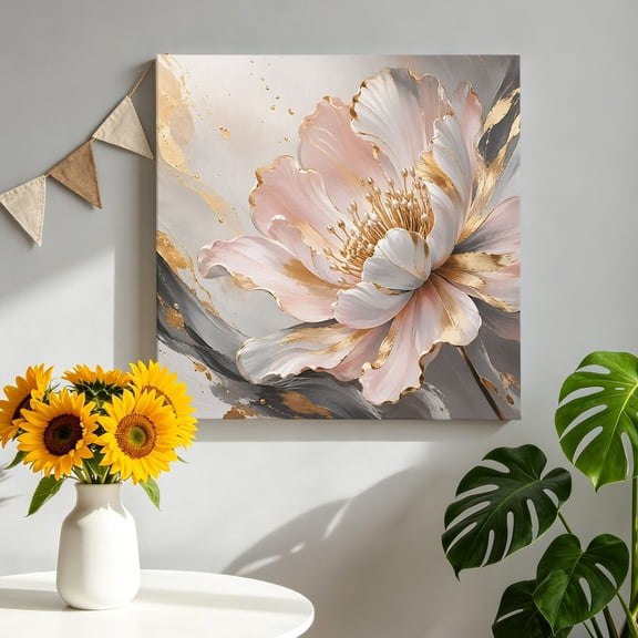 Abstract Floral Canvas Wall Art, Modern Gold Peony Flowers Leaf Grey Waves Dots Pictures Wall Decor Wooden Framed Artwork Art Prints for Living Room Hallway Bedroom Office 8"x8"