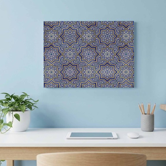 Abstract Floral Canvas Wall Art, Vintage Navy Blue Moroccan Geometric Art Retro Wall Art Prints Artwork Framed Canvas Ready to Hang Art Pictures for Kitchen Living Room Bedroom Hallway 28" x 22"