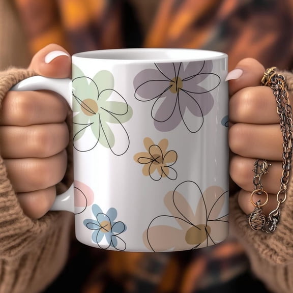 Abstract Floral Ceramic Coffee Mug, Minimal Flower Pattern 0ml.