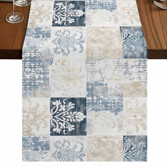 Abstract Floral Check 48 Inch Table Runner, Vintage Checkered Flowers Farmhouse Dresser Scarf Cotton & Linen Tablerunner for Dining/Kitchen Island/Holiday Party Décor 13" x 48"