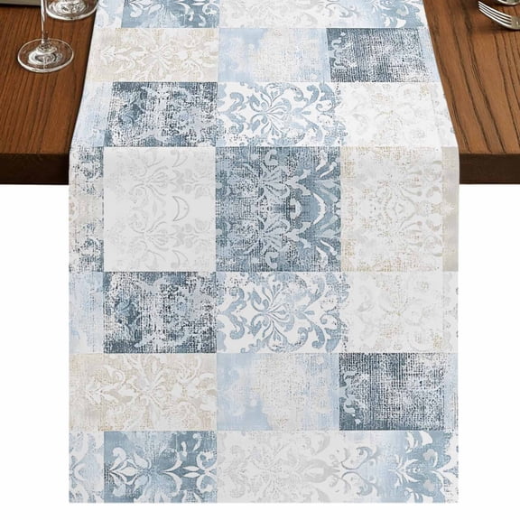 Abstract Floral Check 48 Inch Table Runner, Vintage Flowers Buffalo Plaid Farmhouse Dresser Scarf Cotton & Linen Tablerunner for Dining/Kitchen Island/Holiday Party Décor 13" x 48"