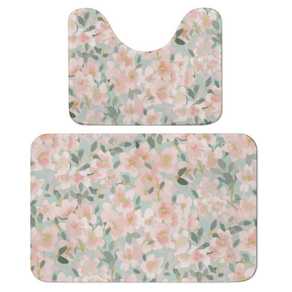 Abstract Floral Cherry Blossoms Bathroom Rugs, 2 Pieces Bath Rug Mat U Shaped Toilet Rugs, Soft Absorbent Bath Rugs, Machine Washable, Non-Slip Bath Mats For Tub, Shower And Bath Room