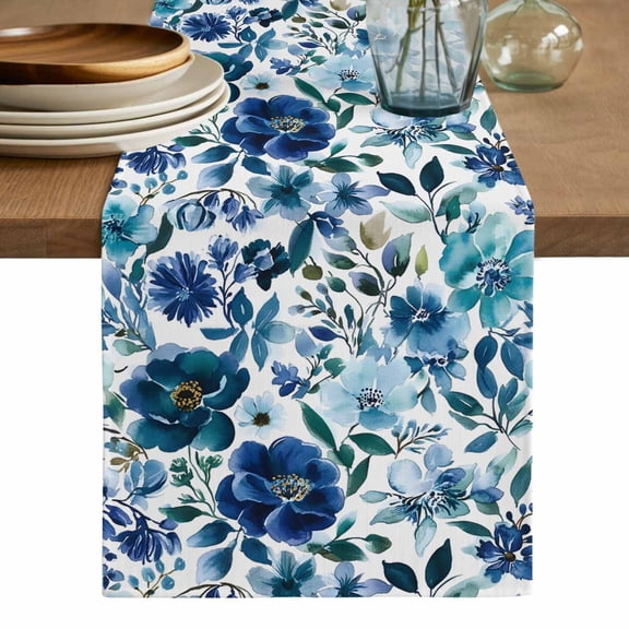 Abstract Floral Cotton Linen Table Runner for Dining Kitchen, Blue Flowers Retro Country Watercolor Wedding Outdoor Party Tablerunners Decoration, Dresser Scarf Coffee Tablecloth Runners 13x36 Inches