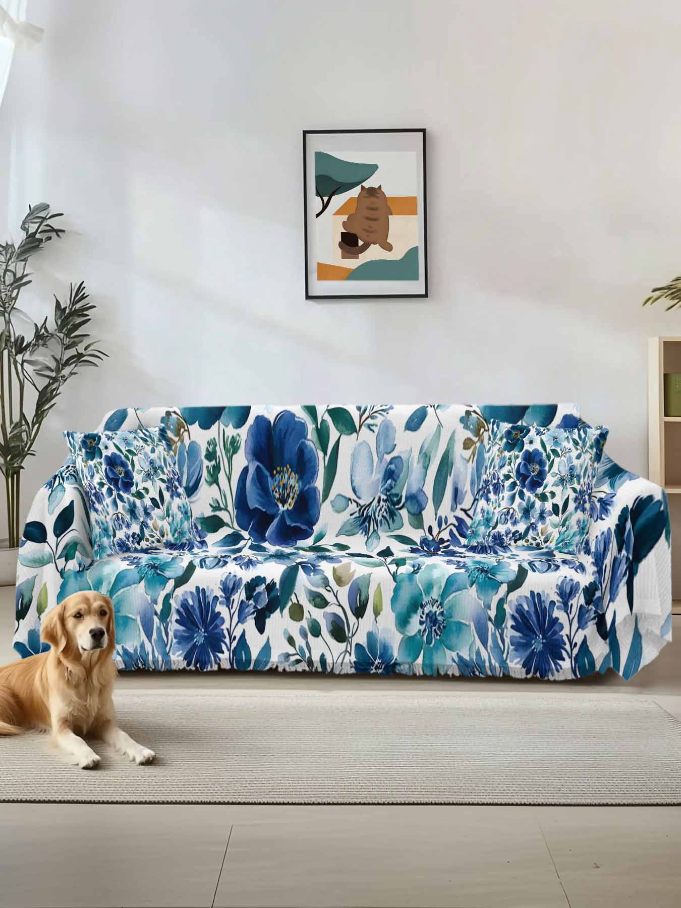 Abstract Floral Couch Cover for 2 Cushion Sofa, Blue Flowers Retro