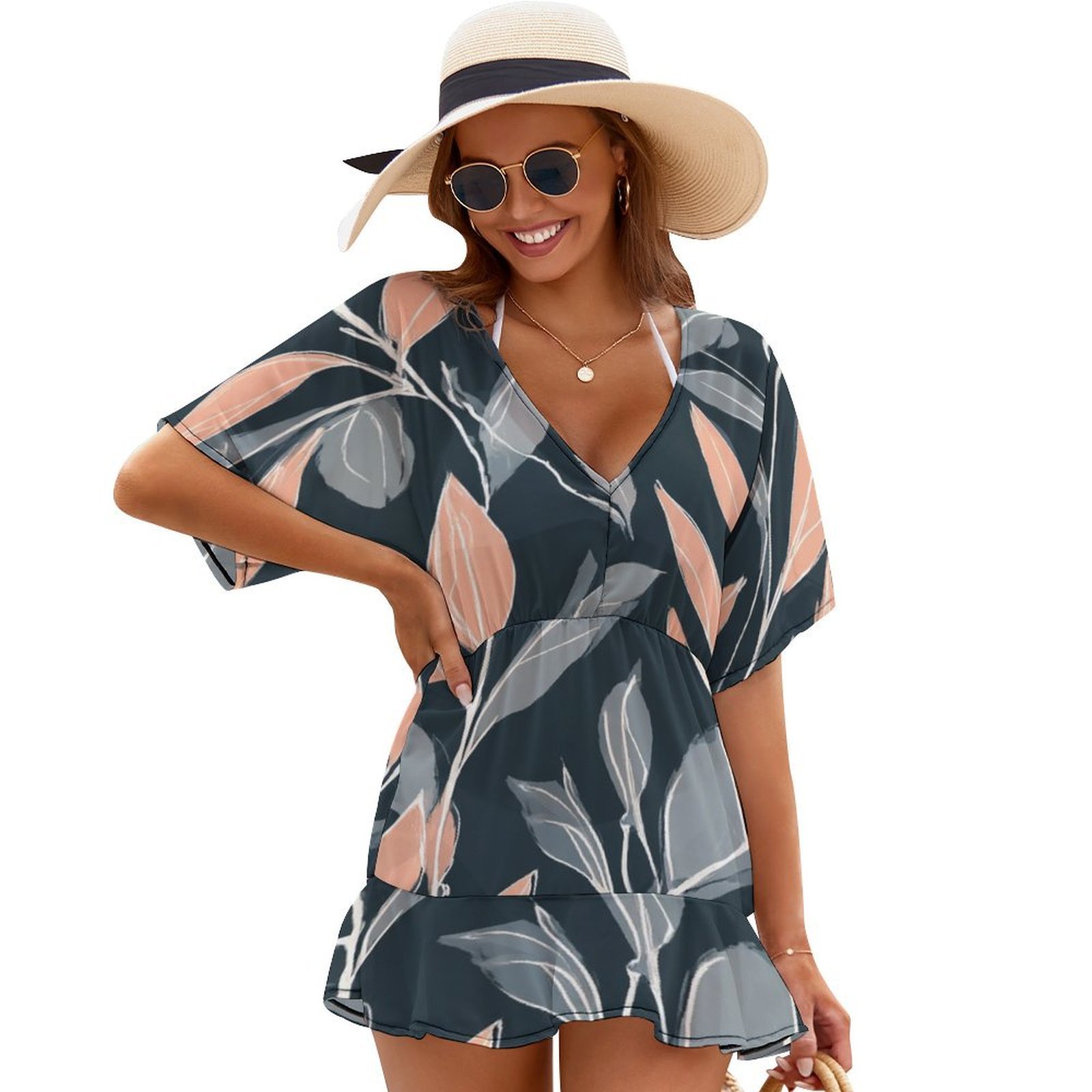Abstract Floral Dark Pattern Beach Cover Ups Women V Neck Short Sleeve ...