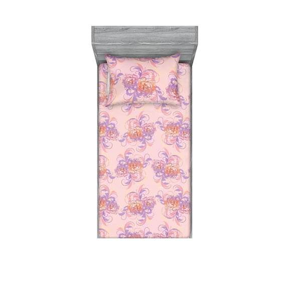 Abstract Floral Design Fitted Sheet & Pillow Sham Set, Dreamy Inspirations Flowers Boho Pattern Vintage Art, Decorative Printed 2 Piece Bedding Decor, Twin, Rose Lavender Pastel Pink, by Ambesonne