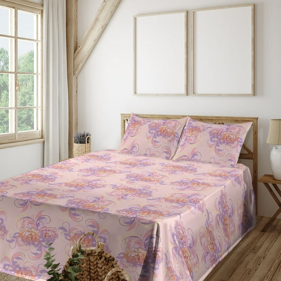 Ambesonne Abstract Floral Design Fitted & Flat Sheet with Shams 4 Pcs Set, Flowers Boho, Queen, Rose Lavender Pastel Pink