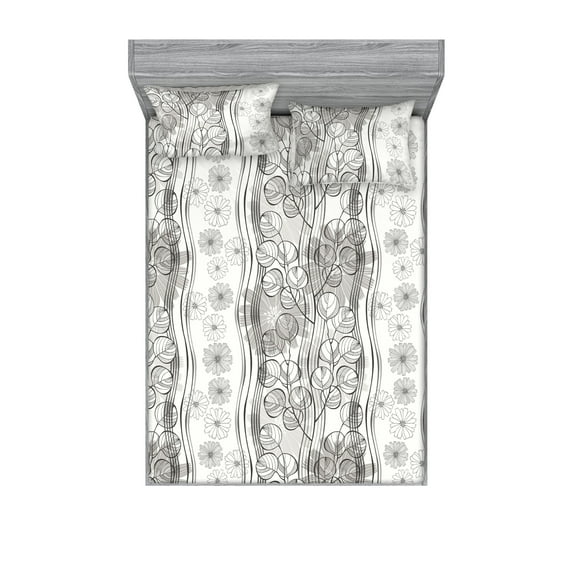 Abstract Floral Fitted Sheet & Pillow Sham Set, Geometric Floral Silhouettes with Leaves with Swirling Stripes, Decorative Printed 3 Piece Bedding Decor, Queen, Pale Sepia Dust Coconut, by Ambesonne