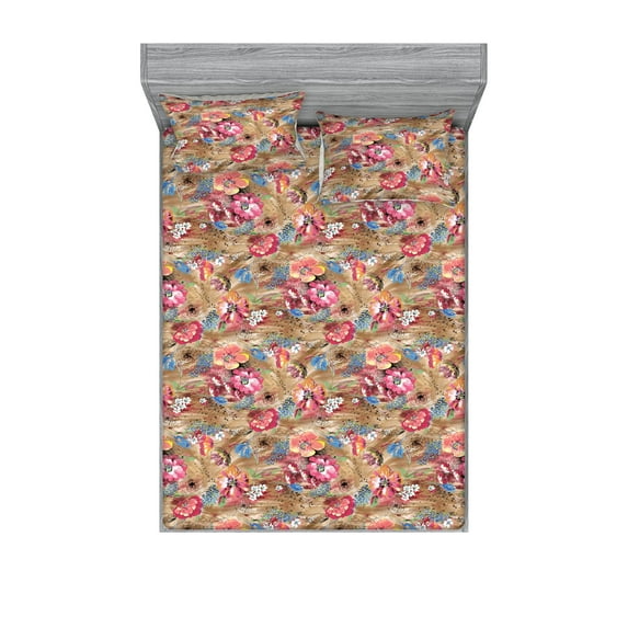 Abstract Floral Fitted Sheet & Pillow Sham Set, Grunge Flowers Boho Pattern on Earth Colors Watercolor Backdrop, Decorative Printed 3 Piece Bedding Decor, Calking, Warm Taupe Pastel Pink, by Ambesonne