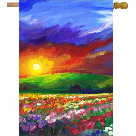 Abstract Floral Flowers Meadow Sunrise Oil Painting Colorful Spring Landscape House Flag 28" x 40" Double Sided Polyester Welcome Large Yard Garden Flag Banners for Patio Lawn Home