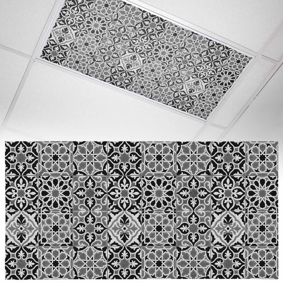 Abstract Floral Fluorescent Light Covers Retro Gray Black Geometric Texture Ornate Vintage Magnetic Light Filters Ceiling Lighting Panel Shade for Classroom Office Home 2 x 4 ft, 1 Pack