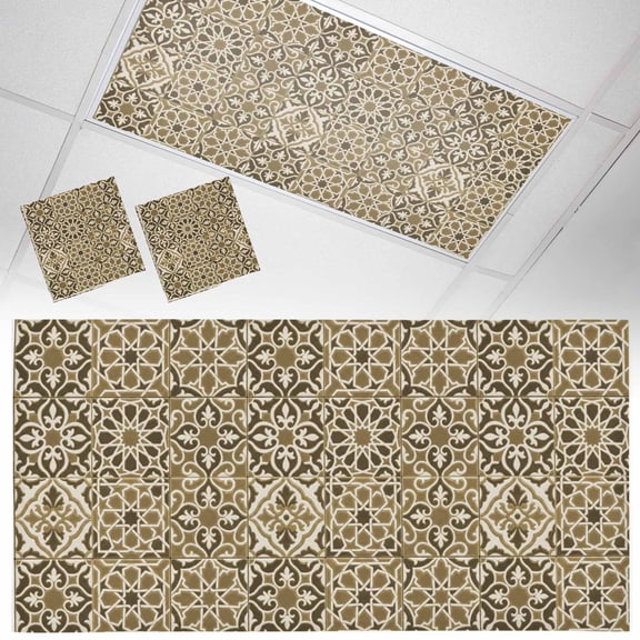 Abstract Floral Fluorescent Light Covers Retro Khaki Geometric Texture Ornate Vintage Magnetic Light Filters Ceiling Lighting Panel Shade for Classroom Office Home 2 x 4 ft, 2 Pack