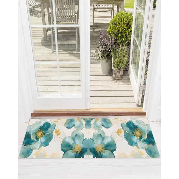 Abstract Floral Front Door Mat White Green Flower Gold Line Retro Petals Welcome Doormat Indoor Outdoor Entrance Floor Mat Non-Slip Washable Runner Rug for Front Porch Decor 16x47 Inch