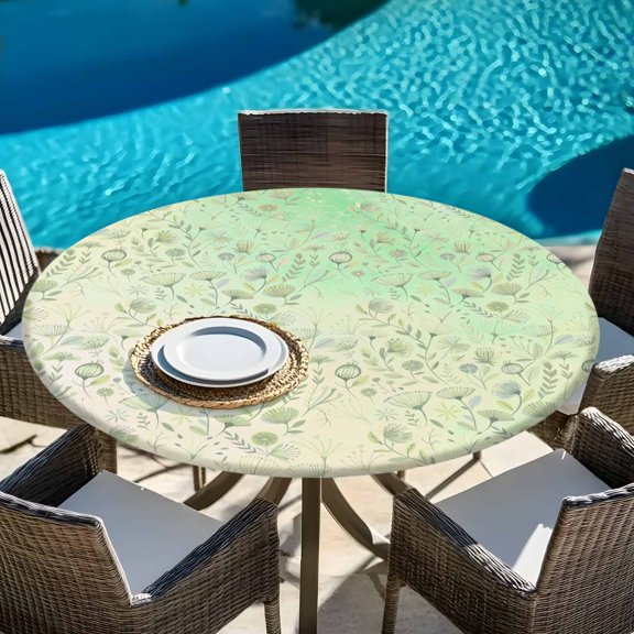 Abstract Floral Geometric Lines Flower Round Fitted Tablecloth with Elastic Edge,Waterproof Table Cloth Fits Tables Up to 45"-54",Washable Table Cover for Dinning Party,Sketch Botanical Foliage