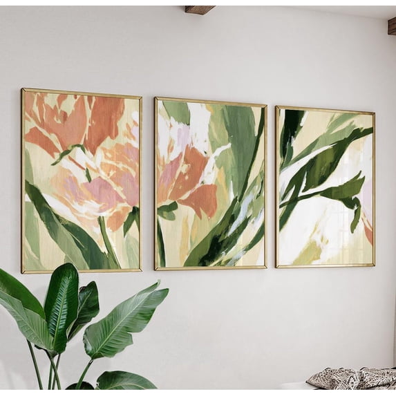 Abstract Floral Green Peach Botanical Art Modern Wall Decor Set 3 ...